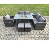 Fimous Rattan Garden Furniture Set with Gas Fire Pit Dining Table,Side Table and 2 Small Footstools Indoor Outdoor 7 piece Loveseat Sofa set