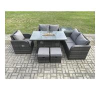 Fimous Rattan Garden Furniture Set with Gas Fire Pit Dining Table,Side Table and 2 Small Footstools Indoor Outdoor 7 piece Loveseat Sofa set