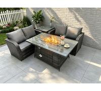 Fimous Rattan Garden Furniture Set with Gas Fire Pit Table 4 Pieces Outdoor Loveseat Sofa Set Dark Grey Mixed