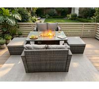 Fimous Rattan Garden Furniture Set with Gas Fire Pit Table 5 Pieces Indoor Outdoor Loveseat Sofa Set Dark Grey Mixed