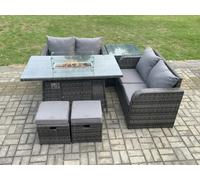 Rattan Garden Furniture Set with Gas Fire Pit Table 6 Pieces Outdoor Loveseat Sofa Set Dark Grey Mixed Fimous Dark Grey One Size