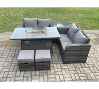 Fimous Rattan Garden Furniture Set with Gas Fire Pit Table 6 Pieces Outdoor Loveseat Sofa Set Dark Grey Mixed