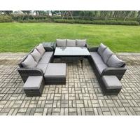 Fimous Rattan Garden Furniture Set with Oblong Rectangular Dining Table 3 Footstools Side Table 11 Seater Outdoor Lounge Sofa Set Dark Grey Mixed