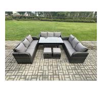 Fimous Rattan Garden Furniture Set with Oblong Rectangular Dining Table 2 Small Footstools 11 Seater Outdoor Lounge Sofa Set Dark Grey Mixed