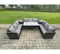 Fimous Rattan Garden Furniture Set with Oblong Rectangular Dining Table 2 Side Tables 9 Seater Outdoor Lounge Sofa Set Dark Grey Mixed