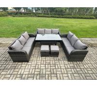Fimous Rattan Garden Furniture Set with Oblong Rectangular Dining Table 11 Seater Outdoor Lounge Sofa Set Dark Grey Mixed