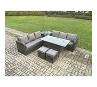 Fimous Rattan Garden Furniture Set with Oblong Rectangular Dining Table 2 Small Footstools Side Table 6 Pieces Outdoor Lounge Sofa Set