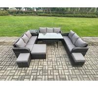 Fimous Rattan Garden Furniture Set with Oblong Rectangular Dining Table 3 Footstools Side Table 11 Seater Outdoor Lounge Sofa Set Dark Grey Mixed Fimous Dark Grey