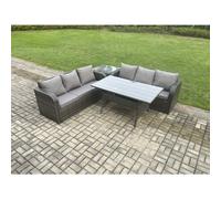 Fimous Rattan Garden Furniture Set with Oblong Rectangular Dining Table 4 Pieces Outdoor Lounge Sofa Set Dark Grey Mixed
