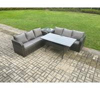 Fimous Rattan Garden Furniture Set with Oblong Rectangular Dining Table 4 Pieces Outdoor Lounge Sofa Set Dark Grey Mixed