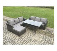 Fimous Rattan Garden Furniture Set With Oblong Dining Table Big Footstool 4 Pieces Outdoor Lounge Sofa Set Dark Grey Mixed