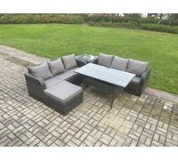 Fimous Rattan Garden Furniture Set With Oblong Rectangular Dining Table Big Footstool Side Table Outdoor Lounge Sofa Set