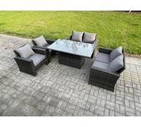 Fimous Rattan Garden Furniture Sets 6 Seater Patio Outdoor Rising Lifting Table Sofa Set With Double Seat Sofa Dark Grey Mixed