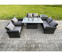 Fimous Rattan Garden Furniture Sets 6 Seater Patio Outdoor Rising Lifting Table Sofa Set with Double Seat Sofa Side Table Dark Grey Mixed