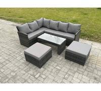 Fimous Rattan Garden Furniture Sets High Back Corner Sofa Oblong Coffee Table Set with 2 Big Footstool Dark Grey Mixed