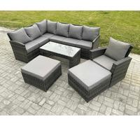Fimous Rattan Garden Furniture Sets High Back Corner Sofa Oblong Coffee Table Set with 2 Big Footstool Armchair Dark Grey Mixed