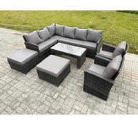 Fimous Rattan Garden Furniture Sets High Back Corner Sofa Oblong Coffee Table Set with 2 Big Footstool 2 Armchairs Dark Grey Mixed