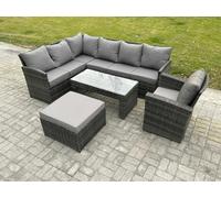 Fimous Rattan Garden Furniture Sets High Back Corner Sofa Oblong Coffee Table Set with Big Footstool Armchair Dark Grey Mixed