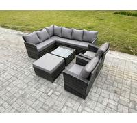 Fimous Rattan Garden Furniture Sets High Back Corner Sofa Square Coffee Table Set with Big Footstool 2 Armchairs Dark Grey Mixed Fimous Dark Grey