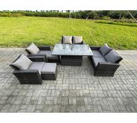 Fimous Rattan Garden Furniture Sets Patio Outdoor Rising Lifting Table Sofa Set with Double Seat Sofa 2 Small Footstools Dark Grey Mixed