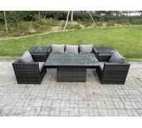 Fimous Rattan Garden Furniture Sofa Set Outdoor Adjustable Rising Lifting Dining Table Set with 2 Armchairs 2 Side Tables Dark Grey Mixed