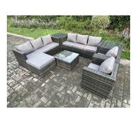 Fimous Rattan Garden Furniture Sofa Set with 2 Armchairs Square Coffee Table Side Table Big Footstool Indoor Side Table 9 Seater Outdoor Rattan Set Dark Grey Mixed Dark Grey