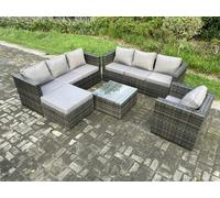 Fimous Rattan Garden Furniture Sofa Set with Armchair Square Coffee Table Big Footstool Indoor Outdoor 8 Seater Rattan Set Dark Grey Mixed