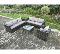 Fimous Rattan Garden Furniture Sofa Set with Armchair Square Coffee Table Indoor Outdoor 7 Seater Rattan Set Dark Grey Mixed
