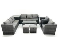 Fimous Rattan Garden Furniture Sofa Set with Coffee table Armchair Side Table 2 Small Footstools Dark Grey Mixed