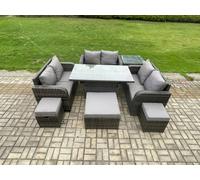 Fimous Rattan Garden Outdoor Furniture 3 PC Love Sofa Set Adjustable Rising lifting Dining Table With Side Table 3 Footstools