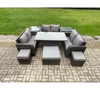 Fimous Rattan Garden Outdoor Furniture 3 PC Love Sofa Set Adjustable Rising lifting Dining Table With 2 Side Tables 3 Footstools in Dark Grey Fimous Dark Grey