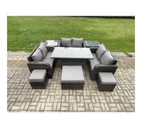Fimous Rattan Garden Outdoor Furniture 3 PC Love Sofa Set Adjustable Rising lifting Dining Table With 2 Side Tables 3 Footstools