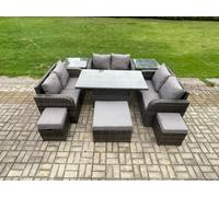 Fimous Rattan Garden Outdoor Furniture 3 Pc Love Sofa Set Adjustable Rising Lifting Dining Table With 2 Side Tables 3 Footstools
