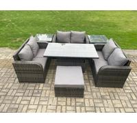 Fimous Rattan Garden Outdoor Furniture 3 Pc Love Sofa Set Patio Adjustable Rising Lifting Dining Table With 2 Side Tables
