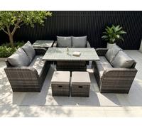 Fimous Rattan Garden Outdoor Furniture 3 Pc Love Sofa Set Patio Adjustable Rising Lifting Dining Table With Side Table Footstools