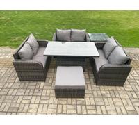 Fimous Rattan Garden Outdoor Furniture 3 PC Love Sofa Set Patio Adjustable Rising lifting Dining Table With Side Table Big Footstool in Dark Grey Fimous Dark Grey