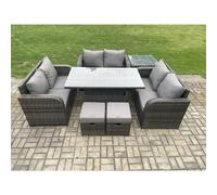 Fimous Rattan Garden Outdoor Furniture 3 PC Love Sofa Set Patio Adjustable Rising lifting Dining Table With Side Table 2 Small Footstools