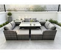 Fimous Rattan Garden Outdoor Furniture 3 PC Love Sofa Set Patio Adjustable Rising lifting Dining Table With 2 Side Tables 2 Big Footstool