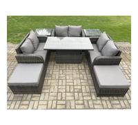 Fimous Rattan Garden Outdoor Furniture 3 PC Love Sofa Set Patio Adjustable Rising lifting Dining Table With 2 Side Tables 2 Big Footstool