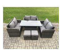 Fimous Rattan Garden Outdoor Furniture 3 PC Love Sofa Set Patio Adjustable Rising lifting Dining Table With 2 Small Footstools