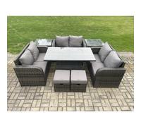 Fimous Rattan Garden Outdoor Furniture 3 PC Love Sofa Set Patio Adjustable Rising lifting Dining Table With 2 Side Tables 2 Small Footstools