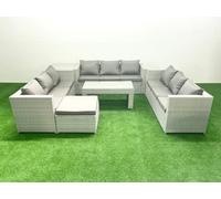 Fimous Rattan Garden Outdoor Furniture Set 10 Seater Garden Sofa Oblong Coffee Table Set Big Stool Side Table Light Grey