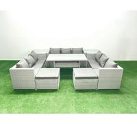 Fimous Rattan Garden Outdoor Furniture Set 11 Seater Garden Sofa Rectangulr Dining Table Set with 2 Big Footstools 2 Side Tables Light Grey Mixed