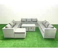 Fimous Rattan Garden Outdoor Furniture Set 12 Seater Garden Sofa Oblong Coffee Table Set with 3 Footstools Light Grey Mixed Fimous Light Grey