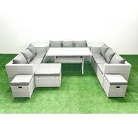Fimous Rattan Garden Outdoor Furniture Set 12 Seater Garden Sofa Rectangulr Dining Table Set 3 Stools 2 Side Tables Light Grey