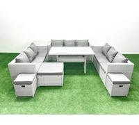 Fimous Rattan Garden Outdoor Furniture Set 12 Seater Garden Sofa Rectangulr Dining Table Set 3 Stools Side Table Light Grey