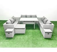 Fimous Rattan Garden Outdoor Furniture Set 12 Seater Garden Sofa Rectangulr Dining Table Set 3 Stools Light Grey
