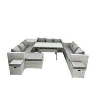 Fimous Rattan Garden Outdoor Furniture Set 12 Seater Garden Sofa Rectangulr Dining Table Set 3 Stools Side Table Light Grey