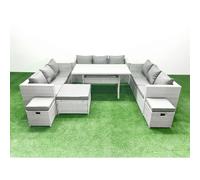 Fimous Rattan Garden Outdoor Furniture Set 12 Seater Garden Sofa Rectangulr Dining Table Set with 3 Footstools Light Grey Mixed