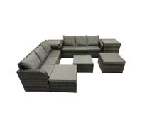 Fimous Rattan Garden Outdoor Furniture Set 3 Seater Sofa Square Coffee Table Set With 2 Big Stools 2 Side Table Dark Grey Mixed